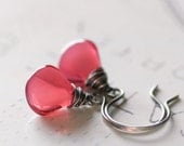 Petal Earrings Deep Pink Czech Glass Sterling Silver Wire Wrapped Oxidized Peony Rose Petals