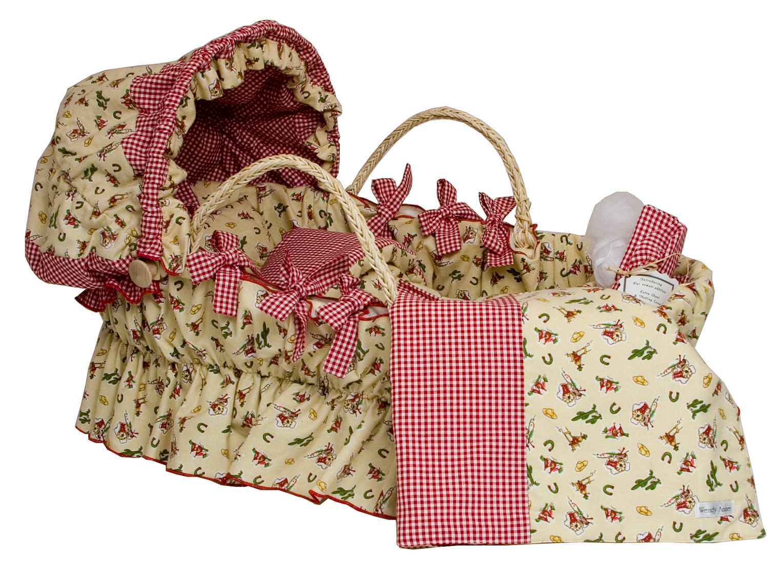 Moses Basket with Cowboy Flannel and Red Gingham Bedding Set