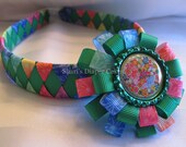 Tie Dyed Woven Ribbon Headband w/Detachable Peace Sign Bottlecap Ribbon Hairclip