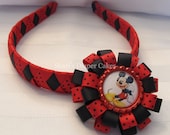 Mickey Mouse Red Black Woven Ribbon Headband w/Detachable Bottlecap Hairclip
