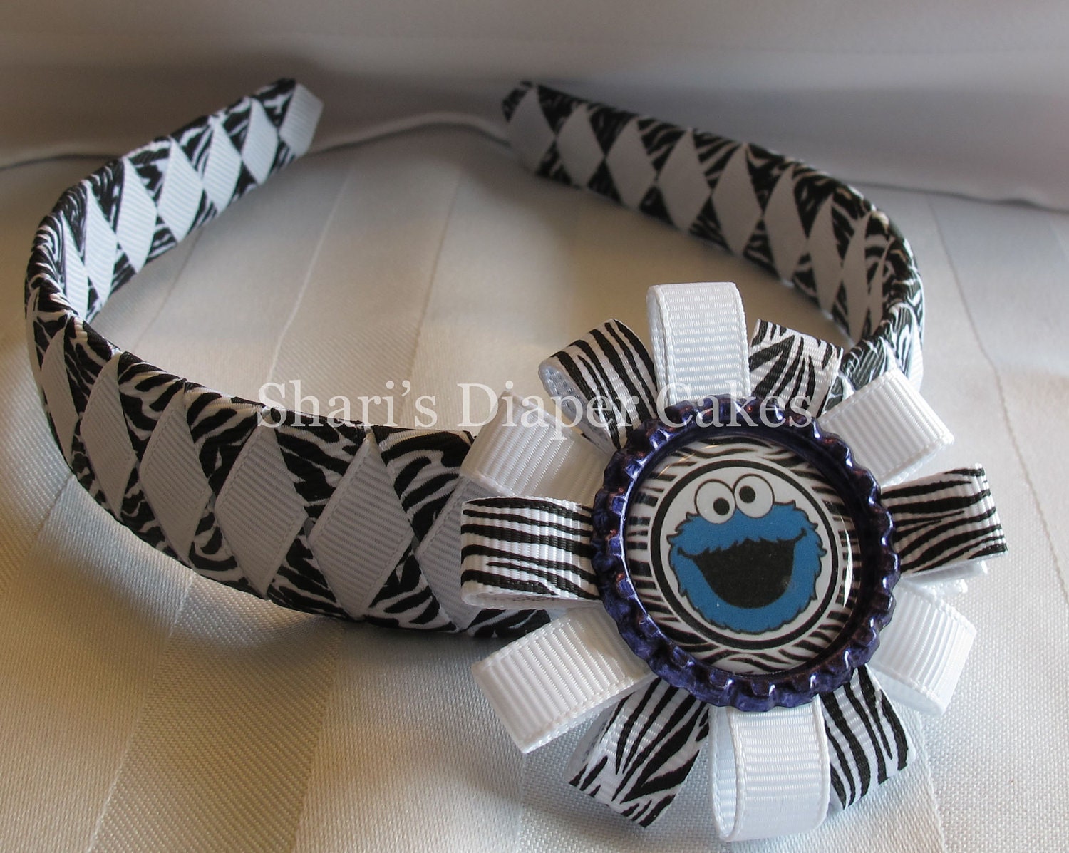 Cookie Monster Woven Ribbon Headband with Detachable Bottlecap Hairclip