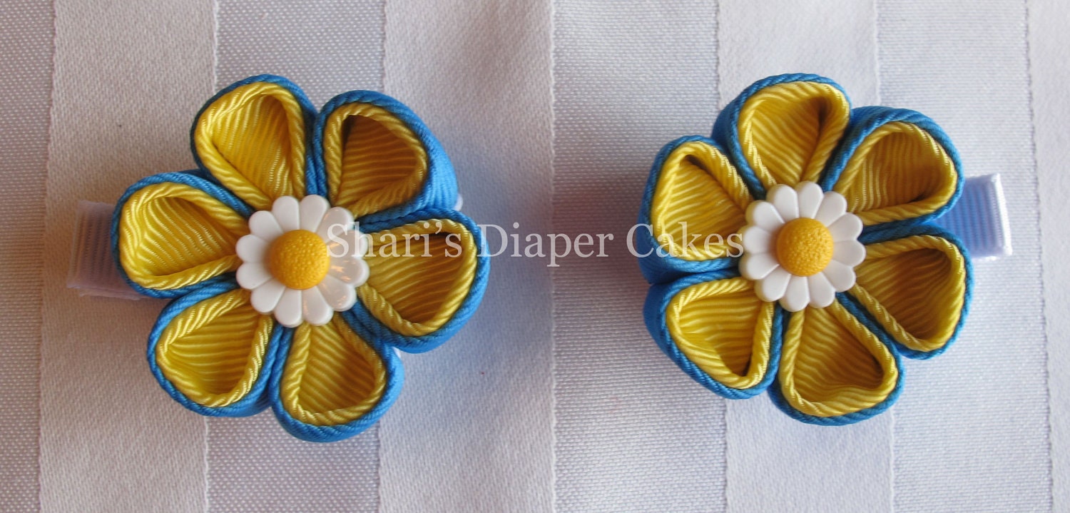 Two Kanzashi Flower Hairclips in Blue & Yellow Grosgrain Ribbon
