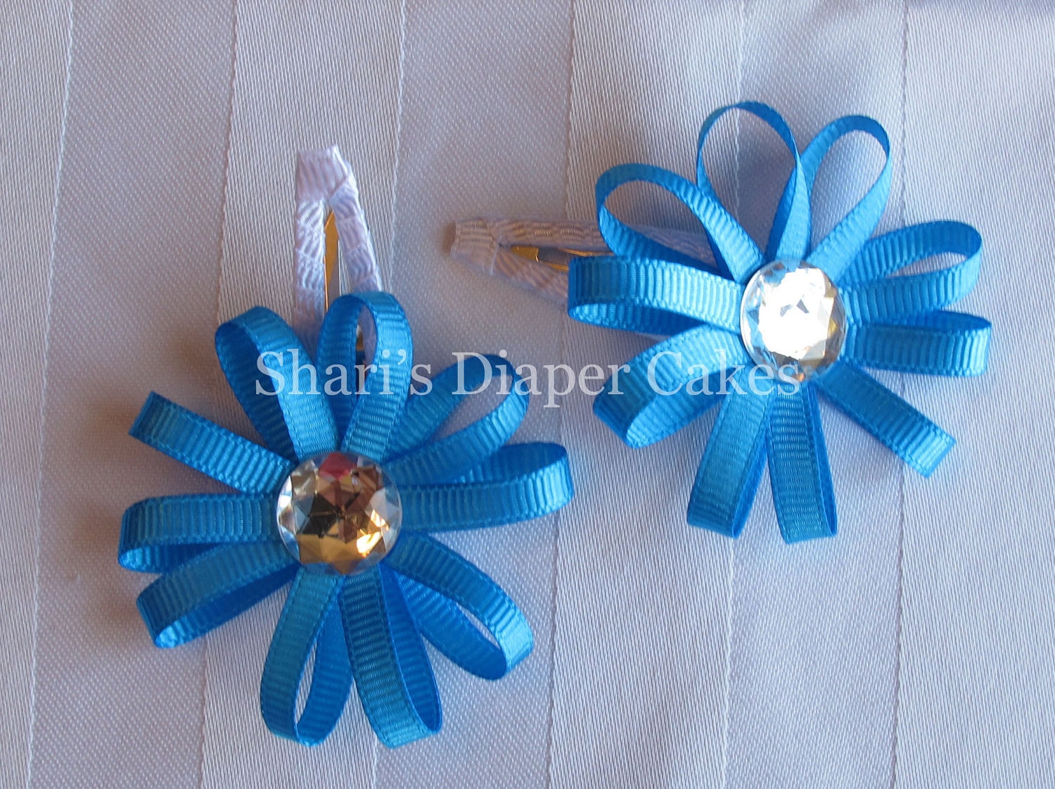 White & Blue Ribbon Flower on Covered Snap Hair Clips