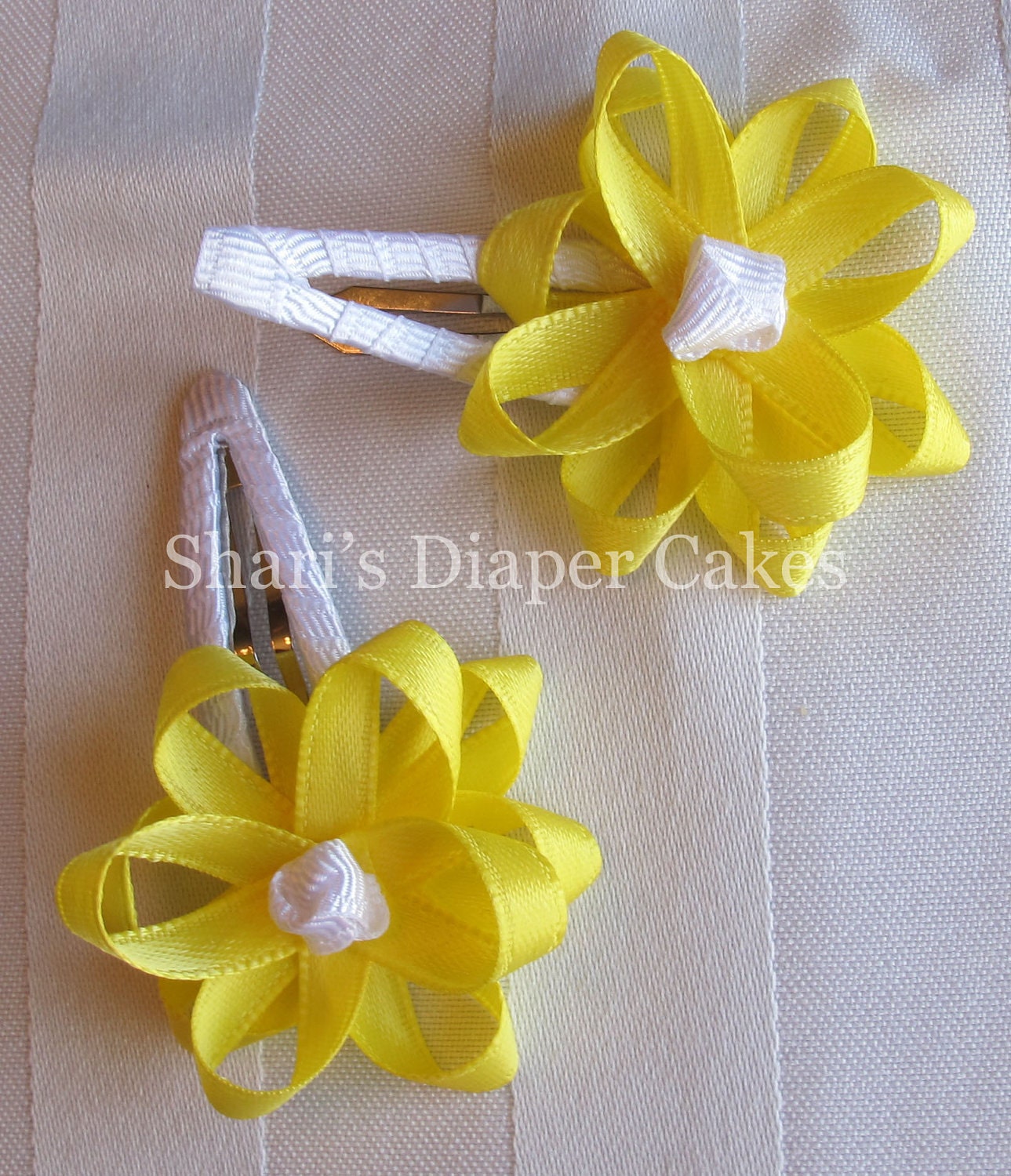 White & Yellow Satin Flower Ribbon Snap Hair Clips