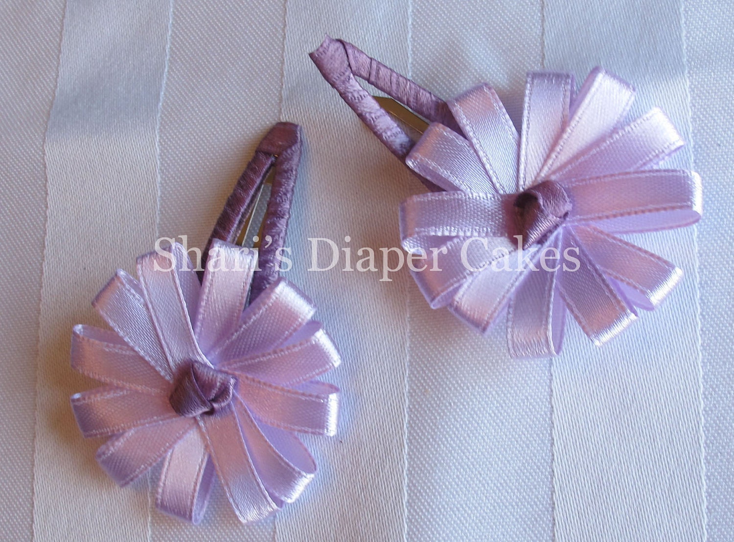 Lavender Satin Flower Ribbon Snap Hair Clips
