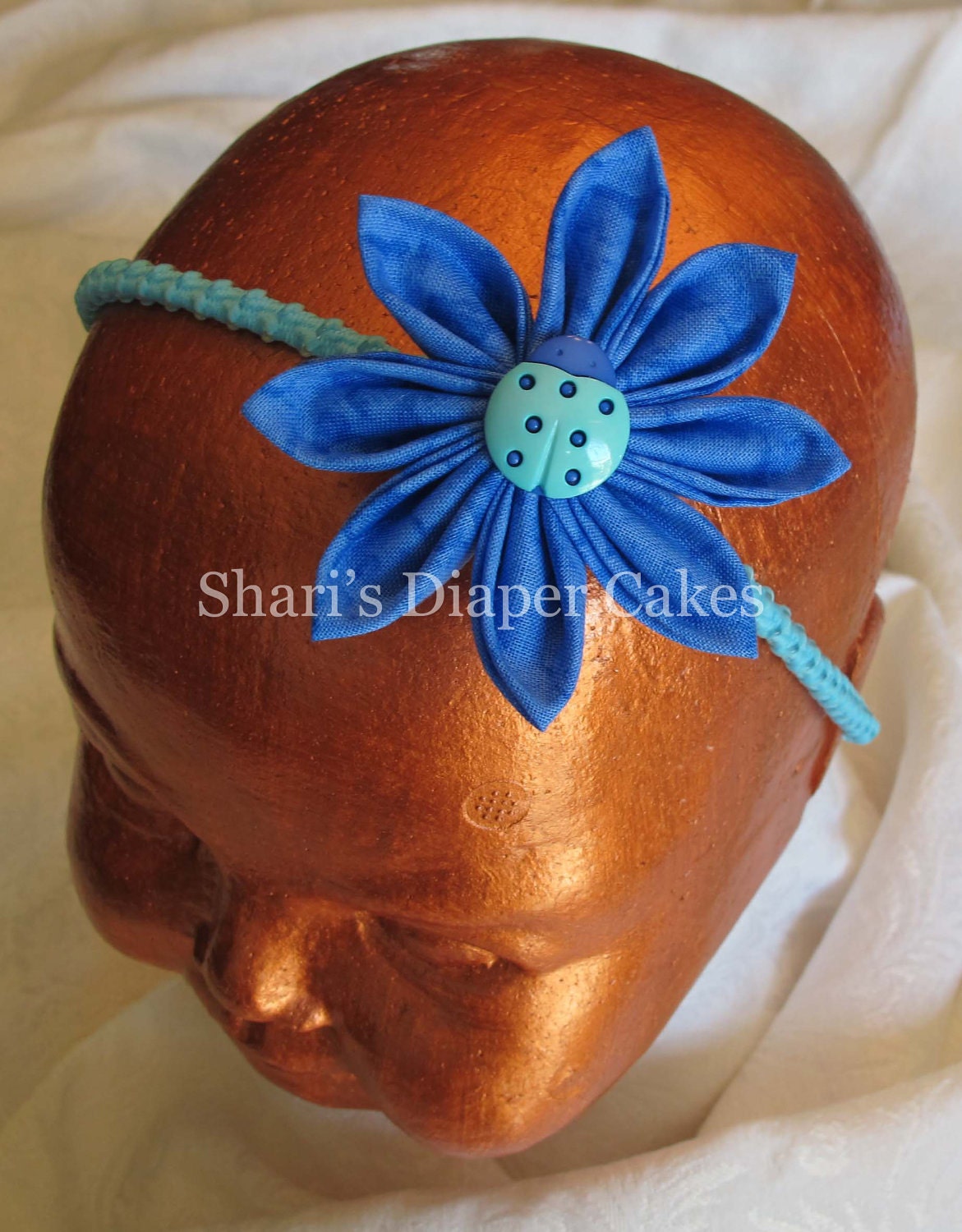 Blue Batik Fabric Kanzashi Flower Headband
