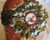 Deer, Skunk, Rabbit Bottlecap Green Camoflage Gerbera Daisy Hairclip with Two Crochet Headbands