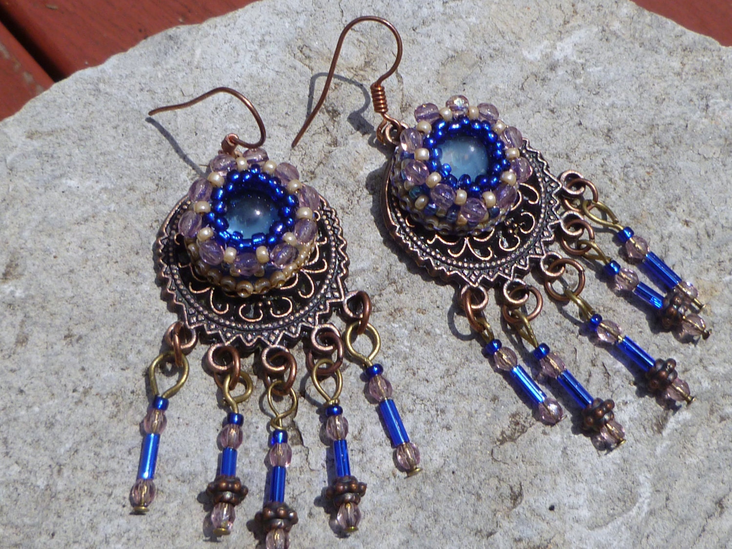Copper & Cobalt- Beadwoven Dangle Earrings