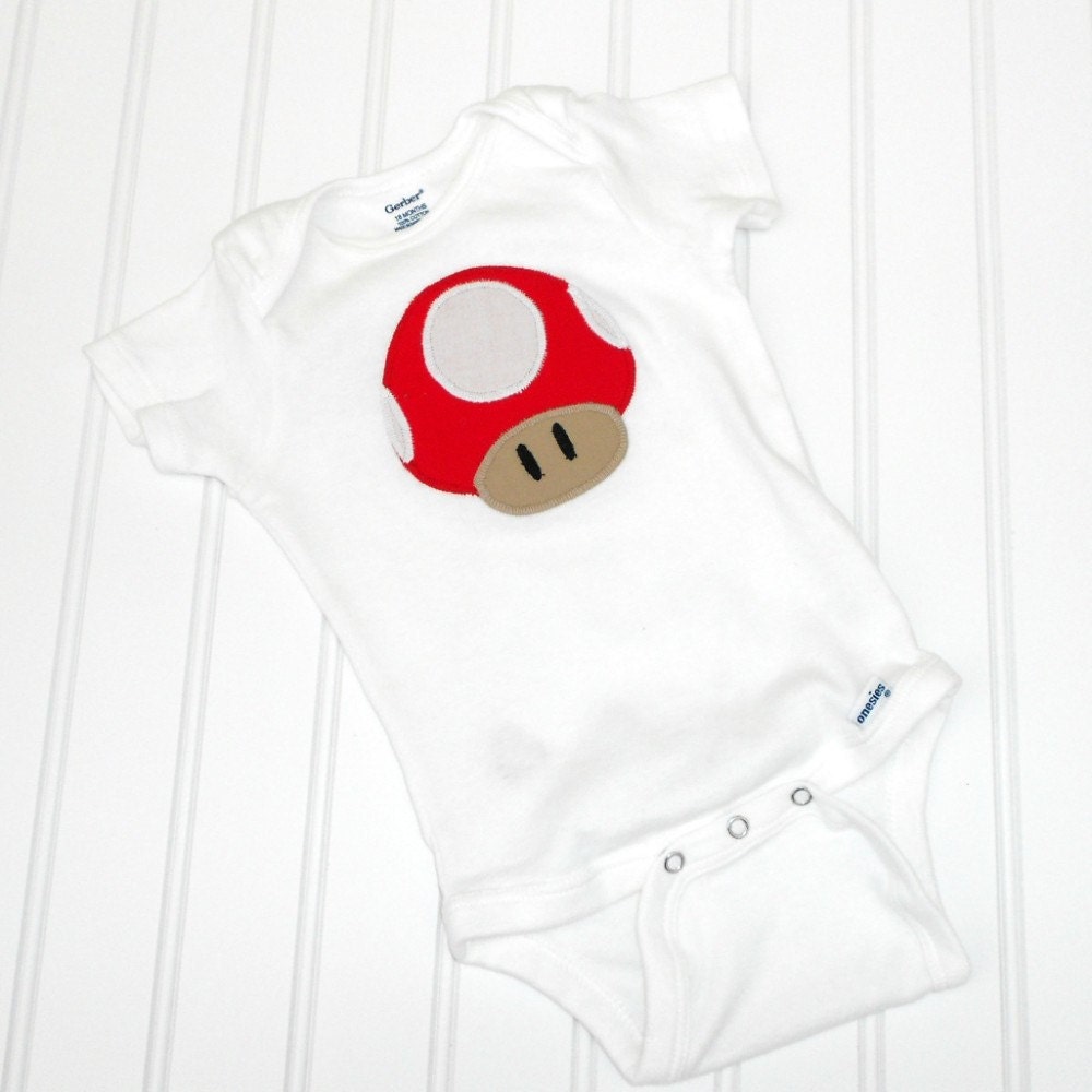 Great Baby Shower Gift READY TO SHIP Onesie - Super Mario Mushroom Inspired sewn cotton applique