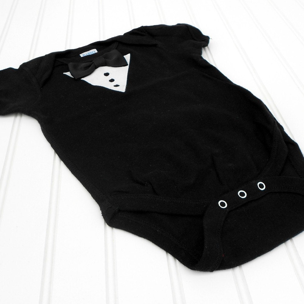 Great Baby Shower Gift READY TO SHIP formal Onesie - Tuxedo with Bow tie sewn cotton applique