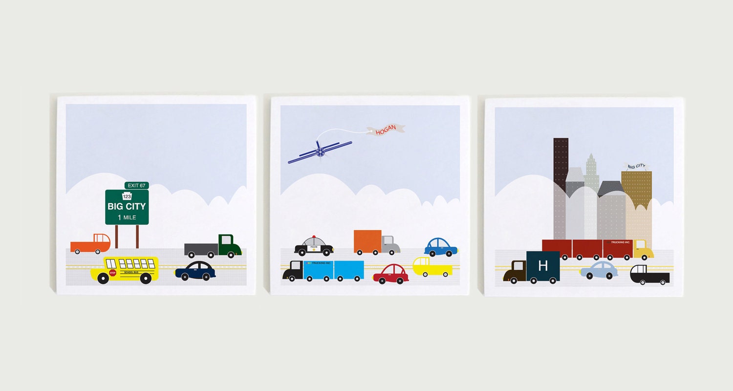 Wall Art, Nursery Wall Art, City Print, Car Art, Nursery Print, Modernpop, The City Triptych Personalized