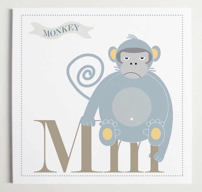 Mm is for Monkey Nursery Wall Art Print - 8" x 8" - Modern Nursery Art for Kids Room - Kids Room Art