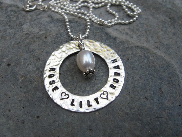 Hand stamped silver washer necklace HAMMERED and ANTIQUED