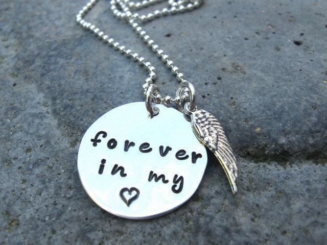 Hand stamped angel wing necklace - forever in my heart