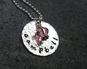 Hand stamped HAMMERED disc necklace with birthstone crystal or freshwater pearl