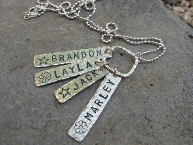 Hand stamped HAMMERED four tag name necklace in sterling silver