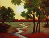Landscape Sunburst Trees path river widing through landscape red trees yellow sky Art Poster Heavenly Light