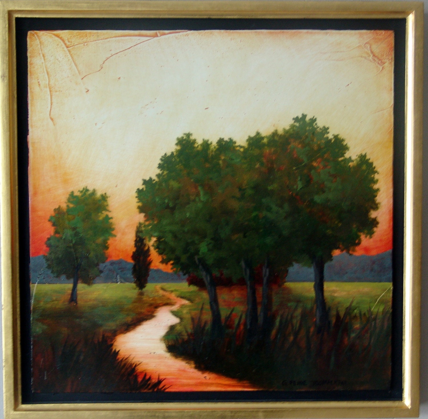 River Trees mountains sunburst landscape Oil Painting, landscape painting, Trees, River The Way