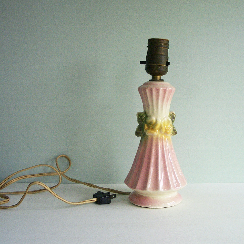 Art Pottery Ceramic Table Lamp, Pink with Yellow Flowers and Green Leaves