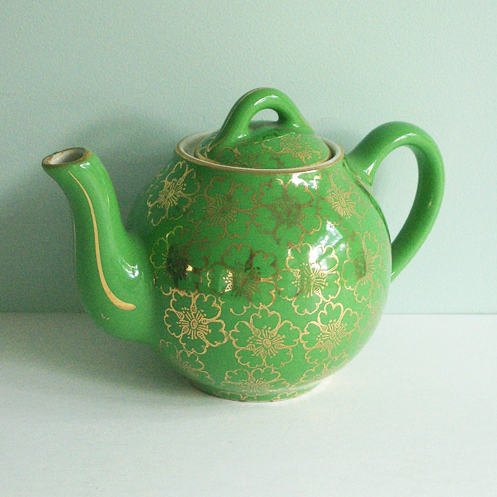 Tiny Hall China 2-Cup Teapot, Green with Gold French Flower Decoration