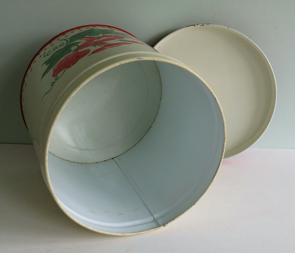 Vintage Kitchen Canister with Polka Dots and Morning Glories in Red and Green