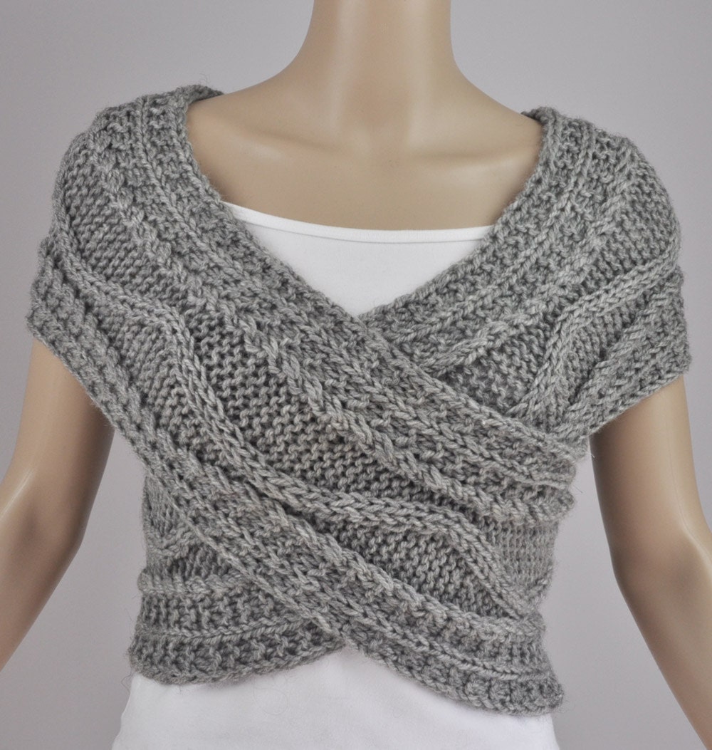 Hand knit vest, Cross Sweater, Capelet, Neck warmer in grey