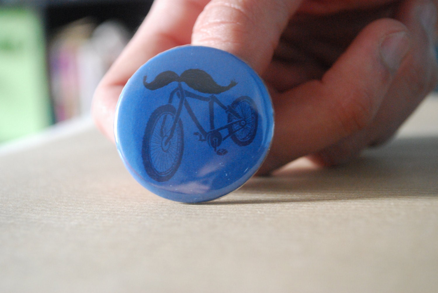 Bicycle Button, Moustache, Mustache Pin, Blue, Pinback Button Badge