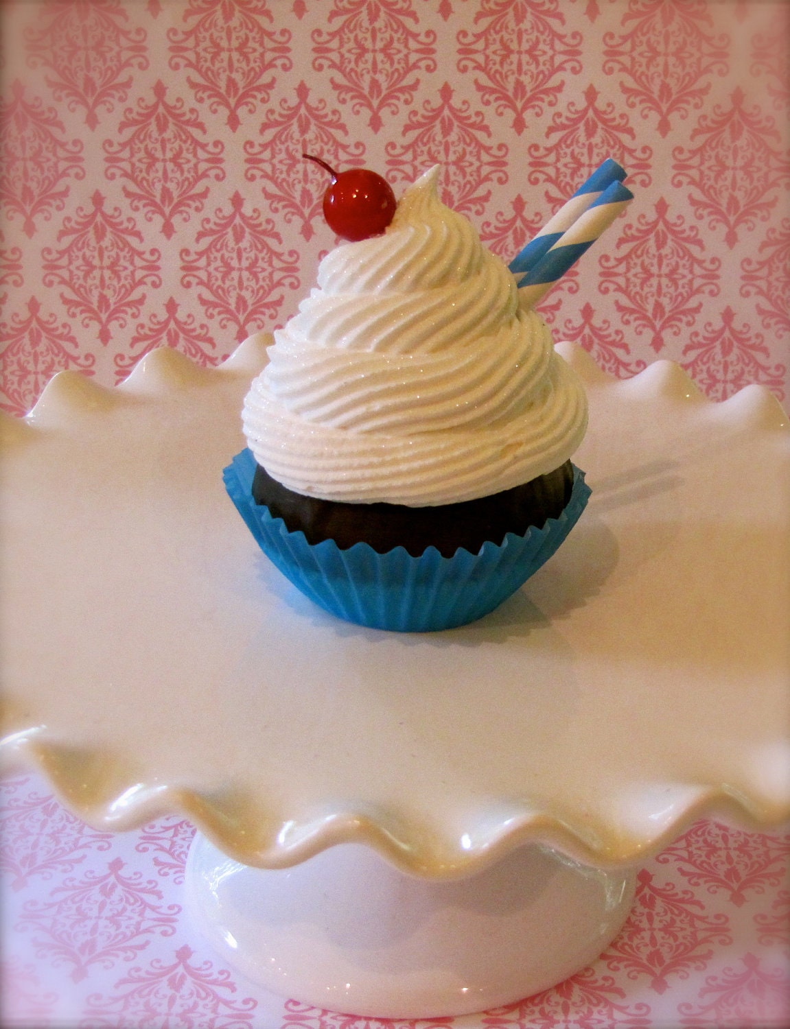 Fake Cupcake Standard Retro Inspired Chocolate Cupcake with White Sparkly Frosting Blue/White Striped Cupcake Fab Gift Idea, Home Decor