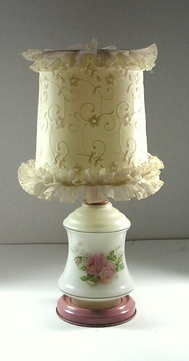 Vintage Lamp Milk Glass Toleware Base Fabric Shade