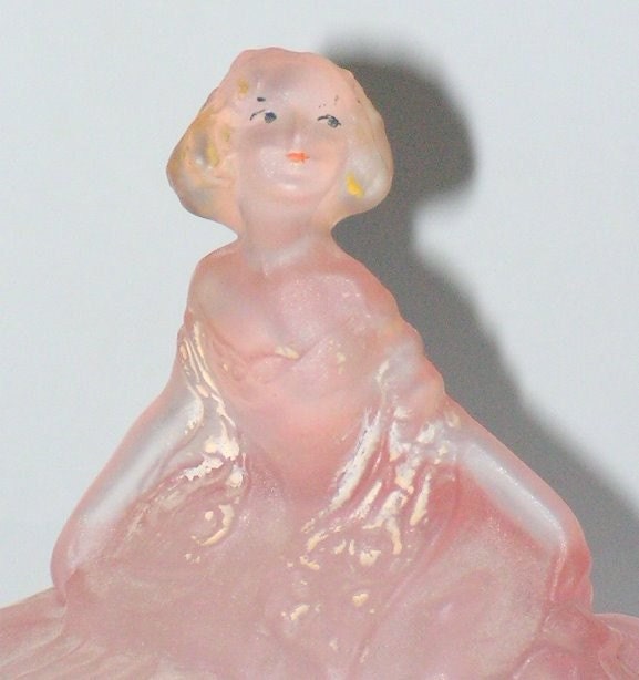 Tiffin US Glass Dancing Girl Lady Figural Powder Jar Depression Pink Half Doll
