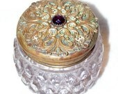 Vintage Amethyst Jeweled Glass Jar Ornate Brass Lid
