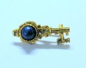 Vintage Brooch Skeleton Key Gold Metal Pin Lapis Lazuli Cabochon Bead SteamPunk