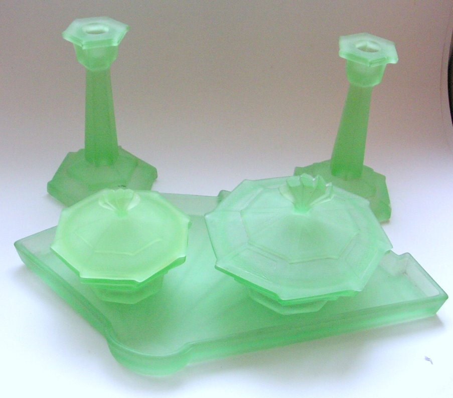 Bagley Art Deco Glass Vanity Set Whitby Uranium Green Satin 7 Pieces