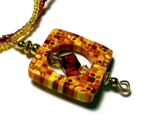 45% OFF Pendant Necklace Polymer Clay Handmade Canework Art Jewelry Two Strands Seed Beads Swarovski Crystals Gold Plated