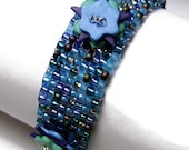 Blue Purple Polymer Clay Button Beaded Bracelet Beadweaving Handmade Jewelry Seed Beads  7 3/4" 19.5 CM