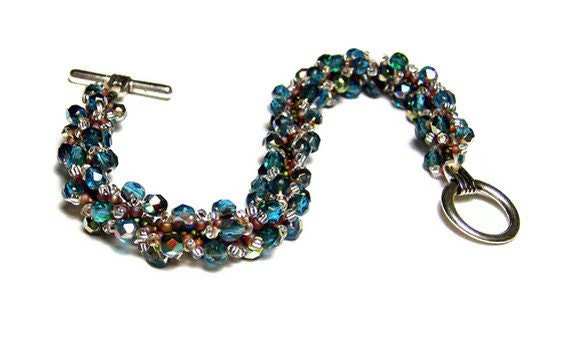 Beaded Bracelet Beadweaving Handmade Seed Beads Czech Glass Beads Spiral Pattern Jewelry Teal Brown Rainbow finish 8 1/2" 21.5 CM