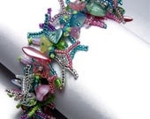 Beaded Bracelet Beadweaving Handmade Seed Beads Glass Flowers Leaf Beads Tropical Fringe Art Jewelry 8 1/4"