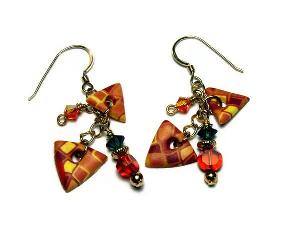 Pierced Earrings Handmade Polymer Clay Canework Beads Glass Jewelry Dangles Swarovski Crystal Gold Plated Autumn
