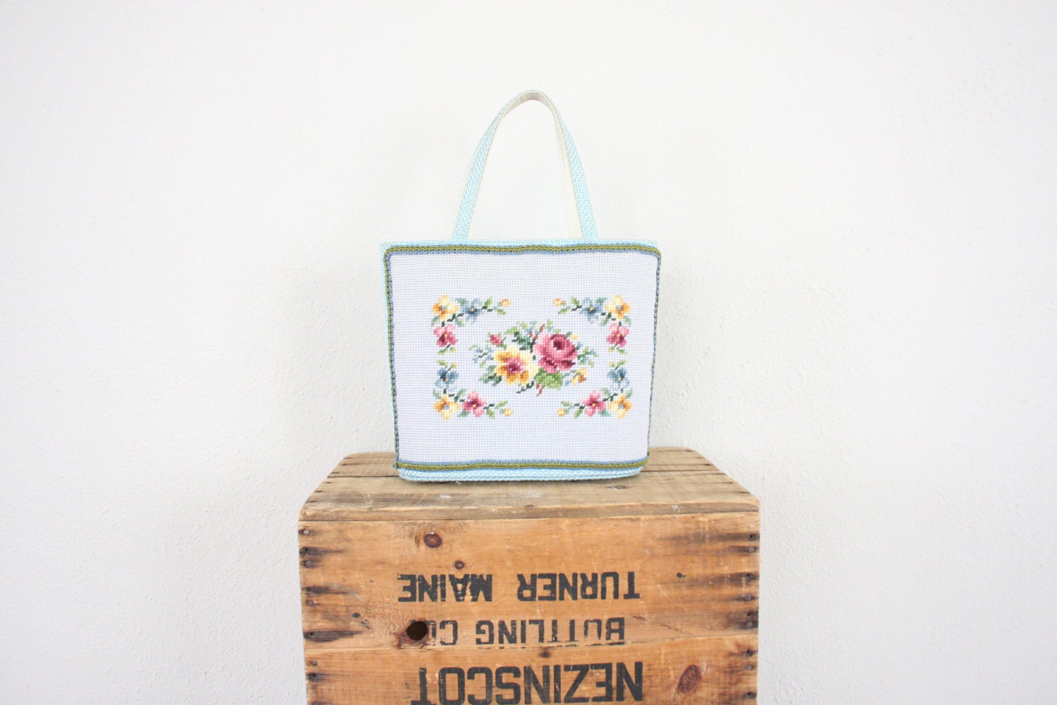 1950s Needlepoint Purse // Vintage Mid Century Blue Embroidered Handbag
