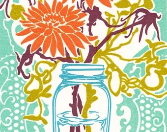 Mason Jar Flowers - Letterpress Print