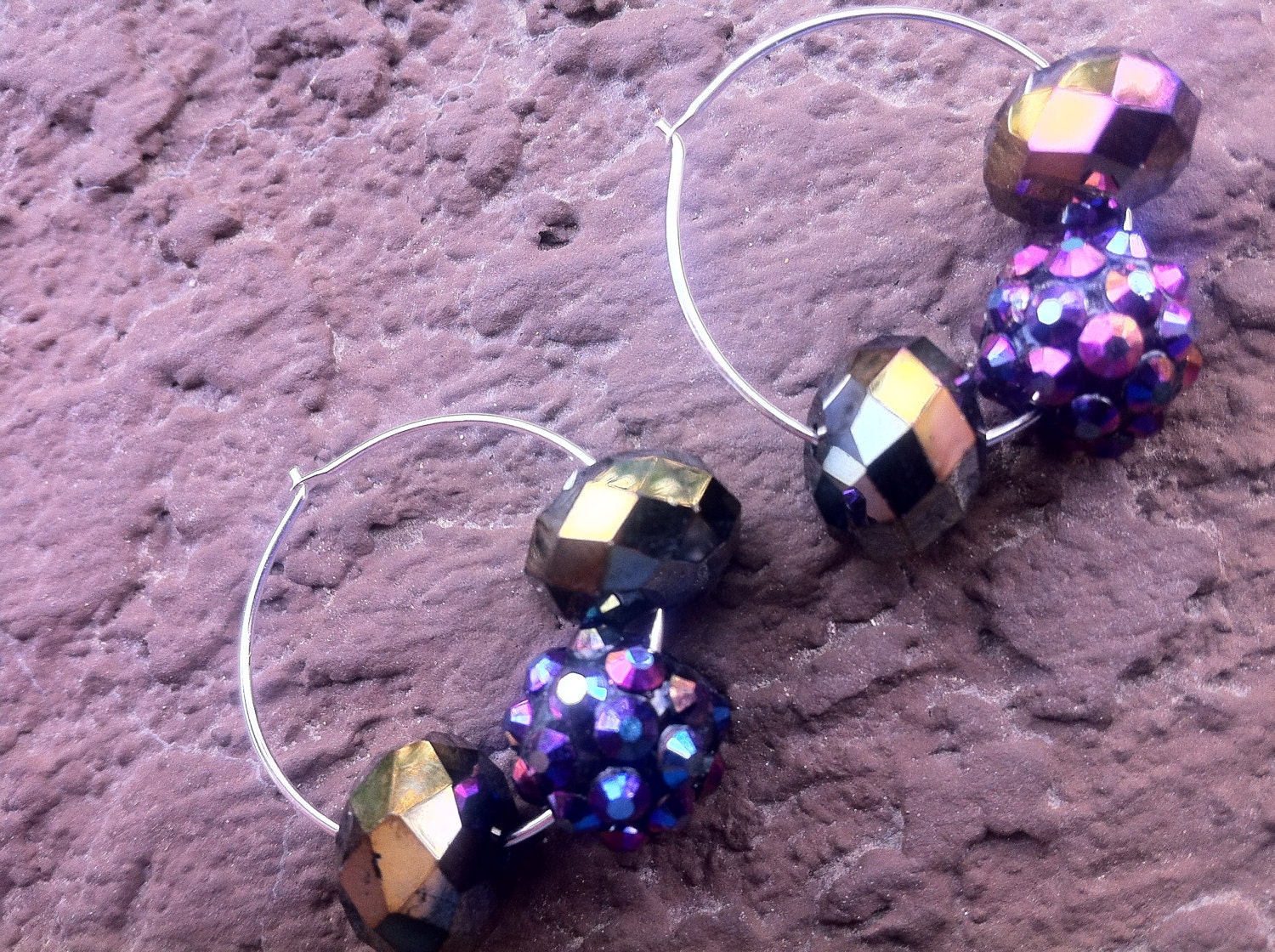 Sterling Silver Hoop Earrings Black AB Crystals and Resin Rhinestone Beads