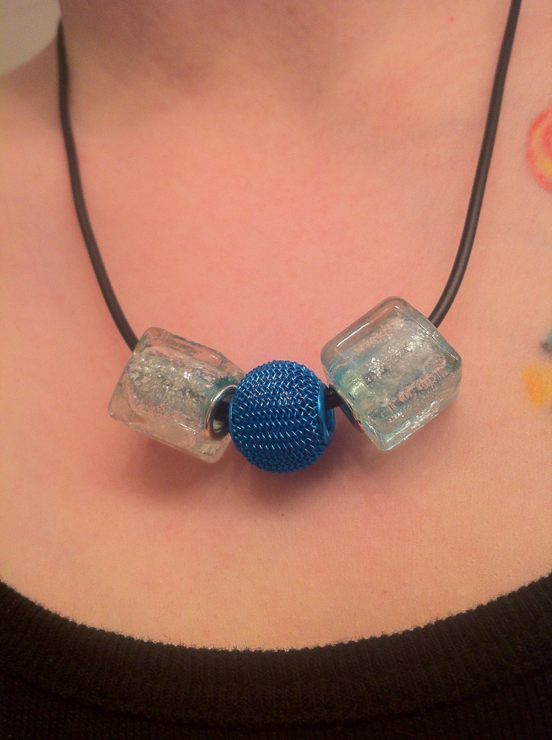 Aluminum Mesh Electro Phoresis Drum Bead and European foil glass bead Necklace in Blues
