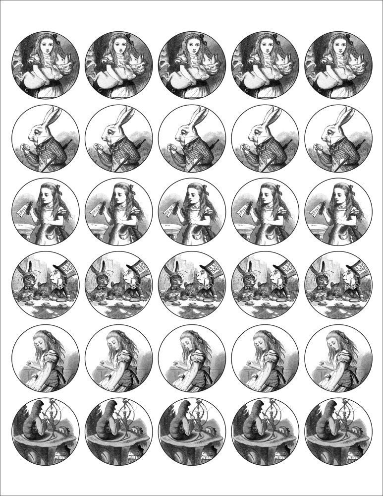 Alice in Wonderland Collection-Black and White--1.5 inch Round Glossy Stickers/Envelope Seals/Labels--30 ct.