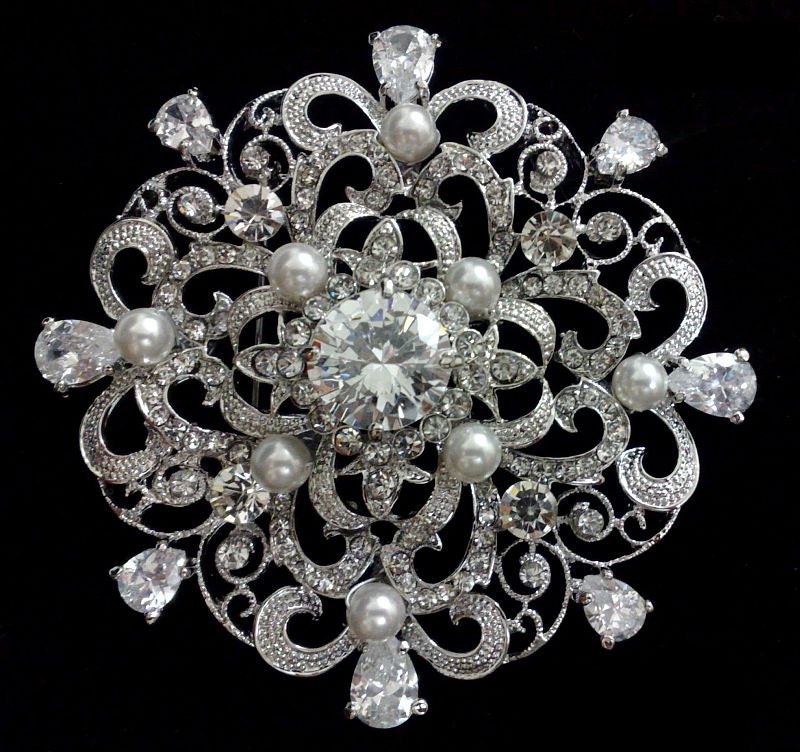 Flower Bridal Broach, Wedding Dress Rhinestone Crystal Brooch, Swarovski Pearl Jewelry, CELLIA