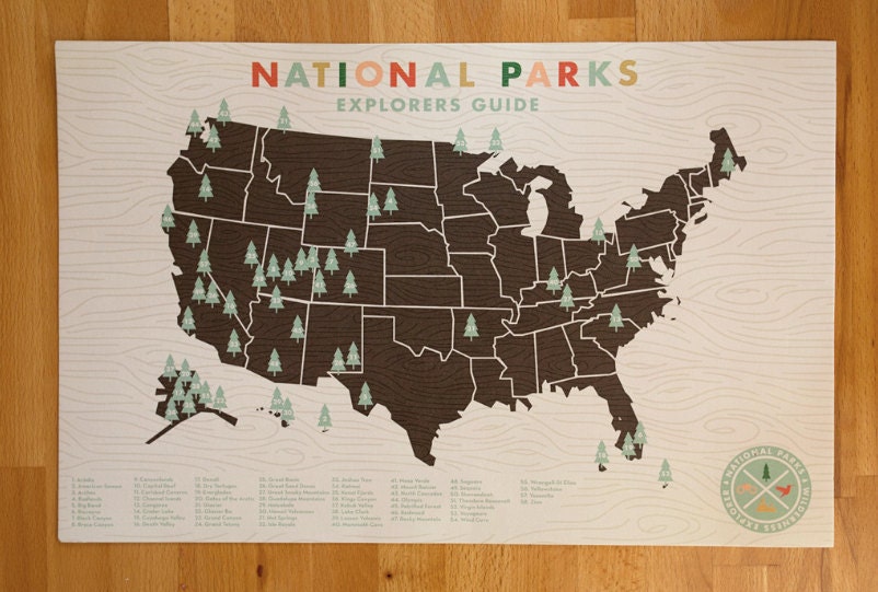 National Parks Checklist Map Print - 11x17 print
