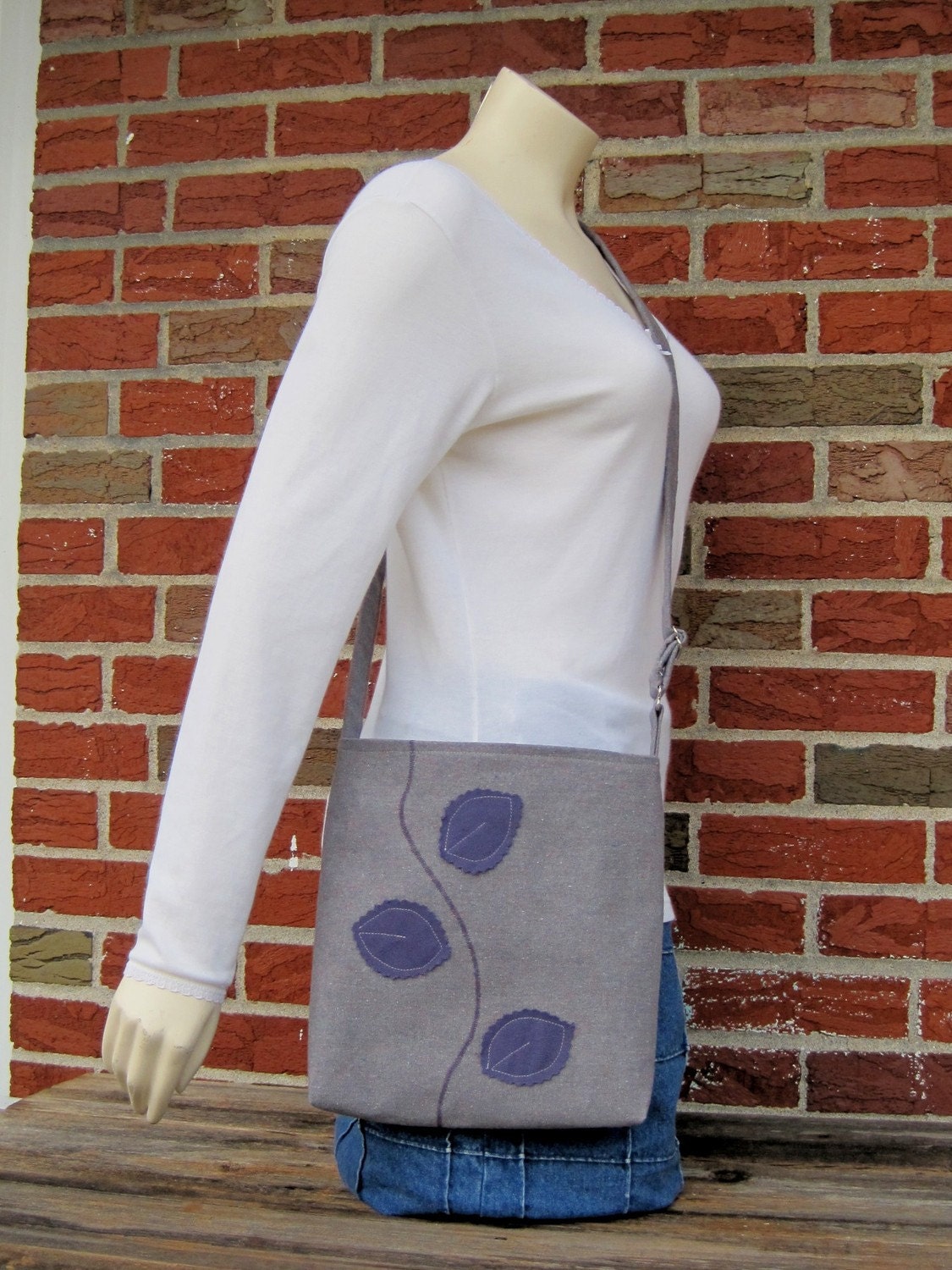 Eco Friendly Little Darling in Gray Mix, Recycled Fabric with Lovely Plum Leaves and Vine