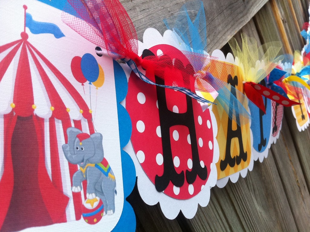 Customized Circus Themed HAPPY BIRTHDAY Banner in Red, Turquoise & Yellow