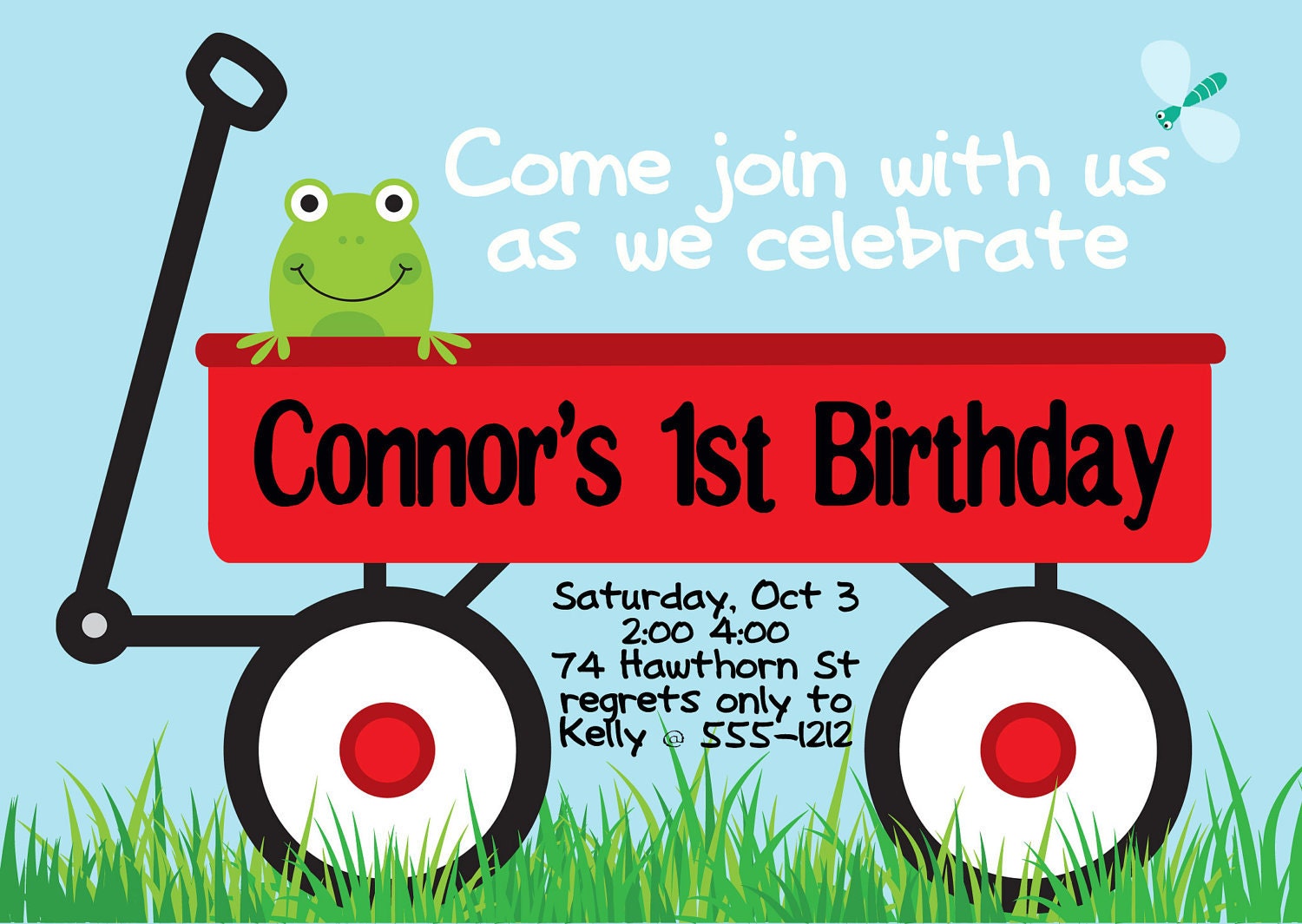 My Little Red Wagon with Frog  Birthday Party Invitation In Light blue & Green