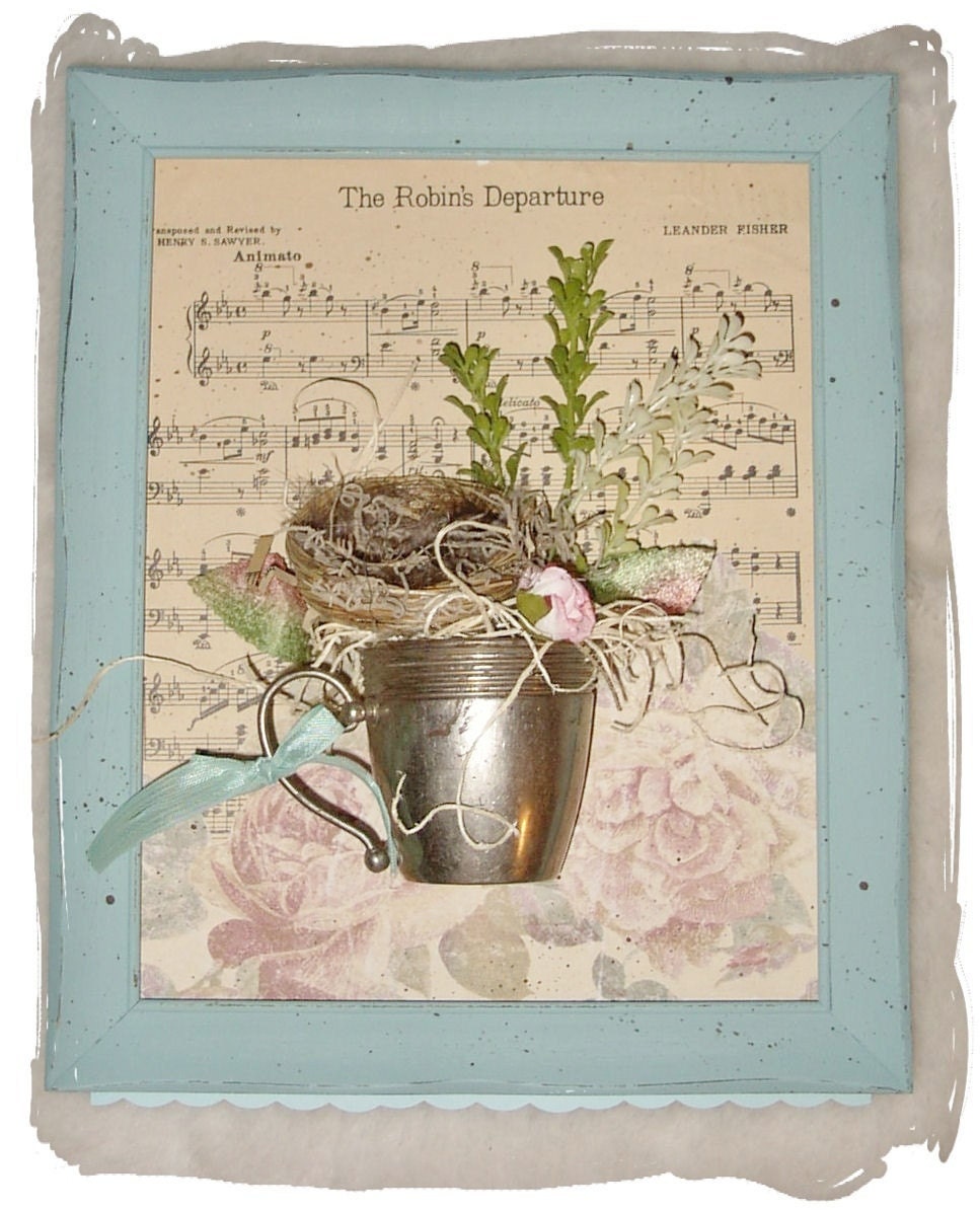 Altered Art Bird's Nest Mixed Media Collage - Repurposed Vessel - Framed