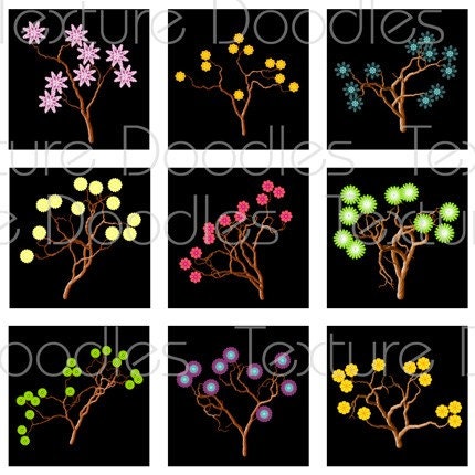 Painted Bonsai on Black -- (63) 1 x 1 Inch Graphics -- Digital Collage Sheet